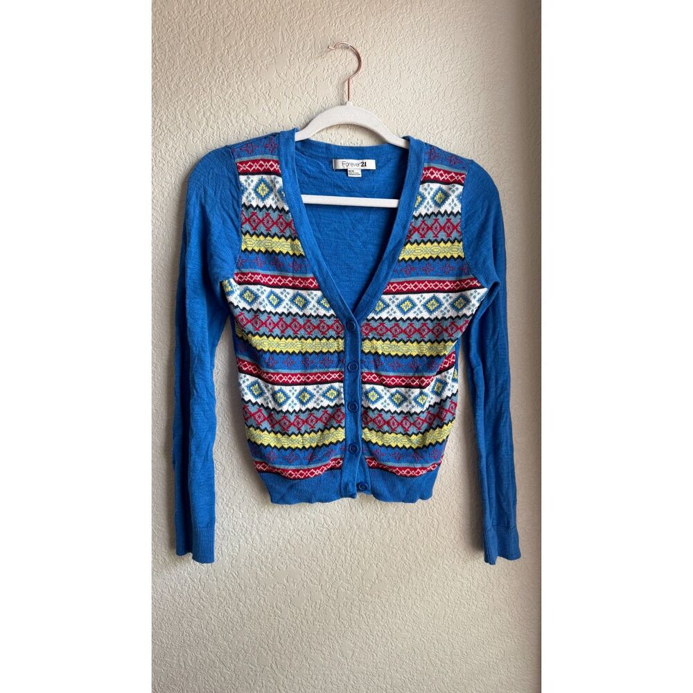 Forever 21 Blue Fair Isle Geometric Cotton Cardigan Sweater Medium